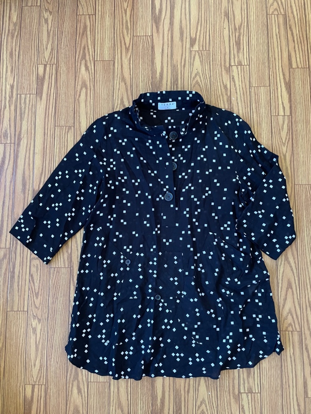 Terra Sj Apparel tunic black and white patterned cotton top size M made in Korea